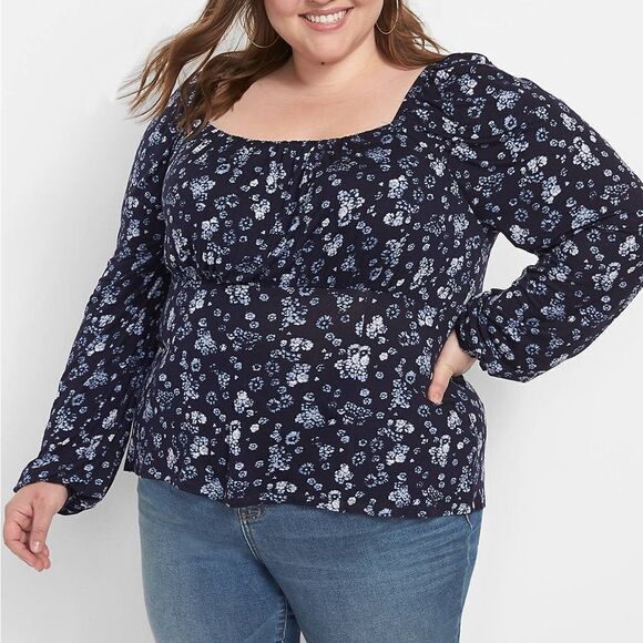 Lane Bryant Top Women’s 26/28 Blue Floral Print Long Sleeve Blouse NWT - Picture 1 of 7